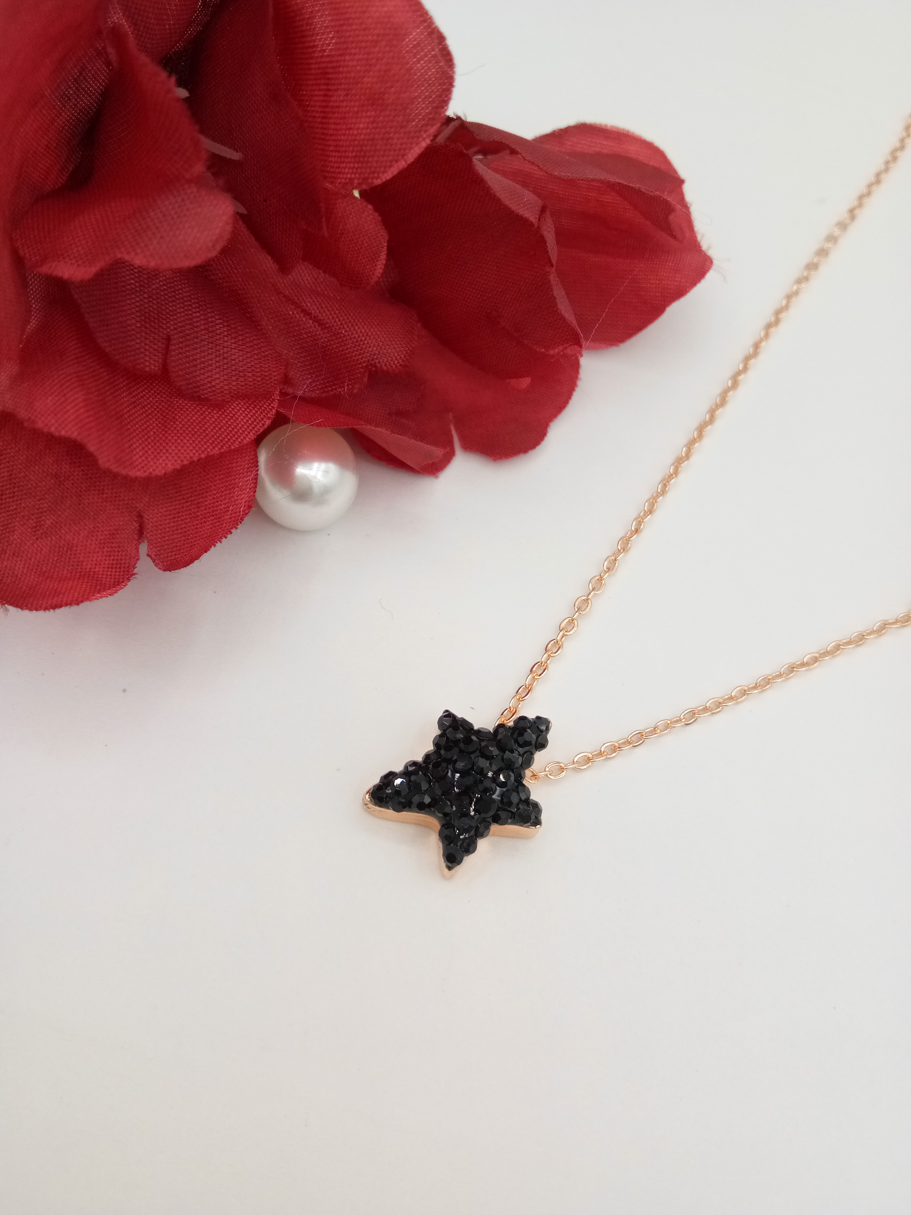 ROSE BLACK MEENA + BLACK STONE CHAIN PENDENT - 16167