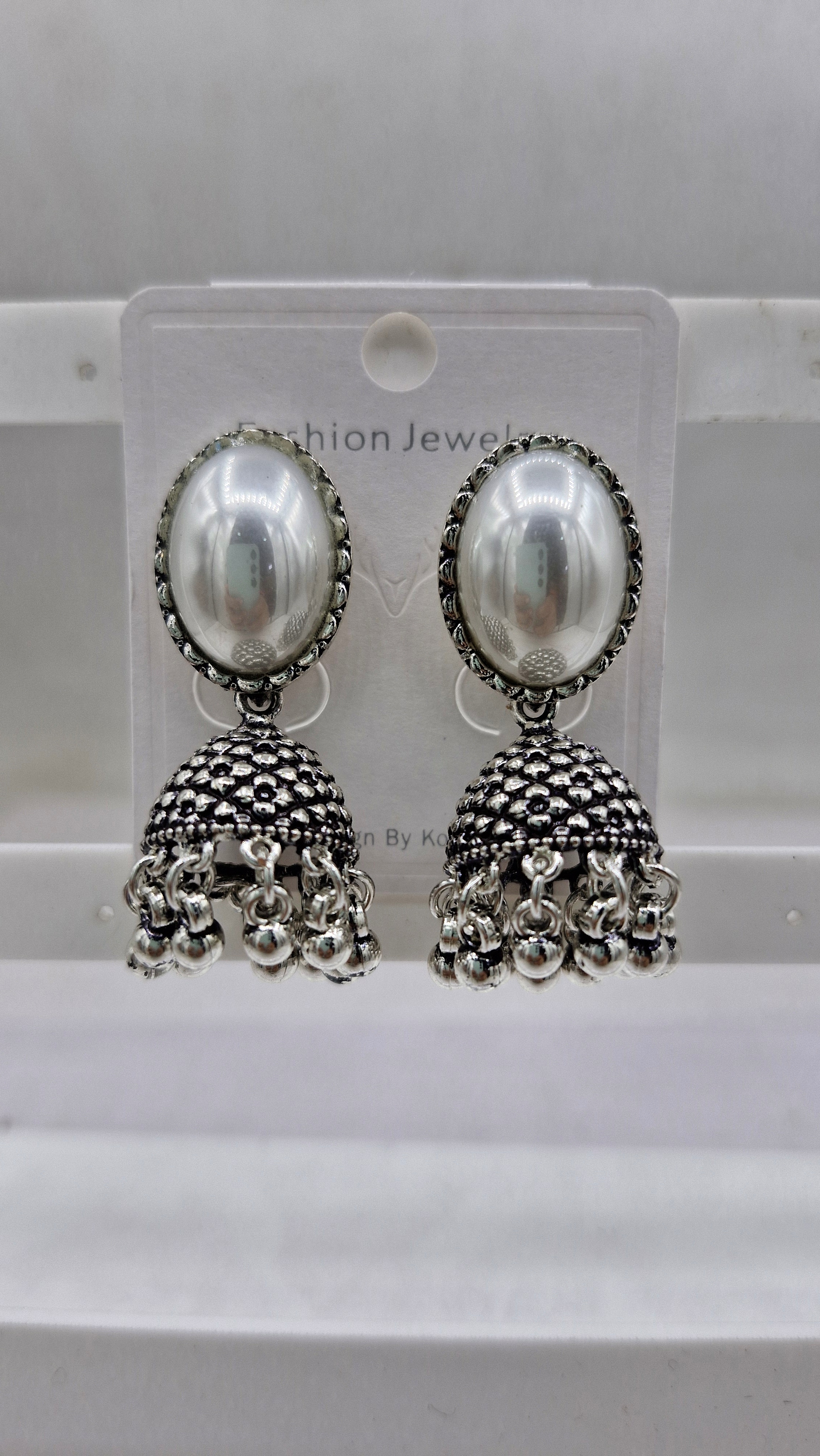 GERMAN SILVER ANTIQUE WT OVAL BEDKI BAJRI JHUMKI - 526255