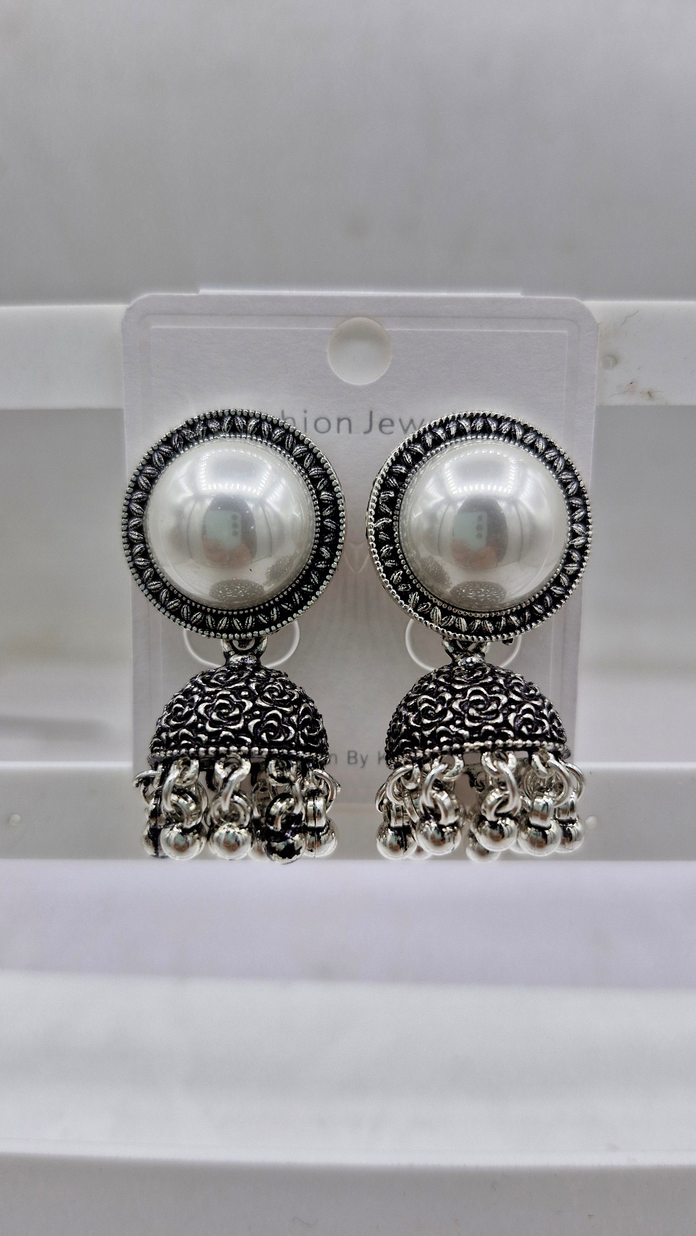 GERMAN SILVER ANTIQUE WT ROUND BEDKI BAJRI JHUMKI - 526256