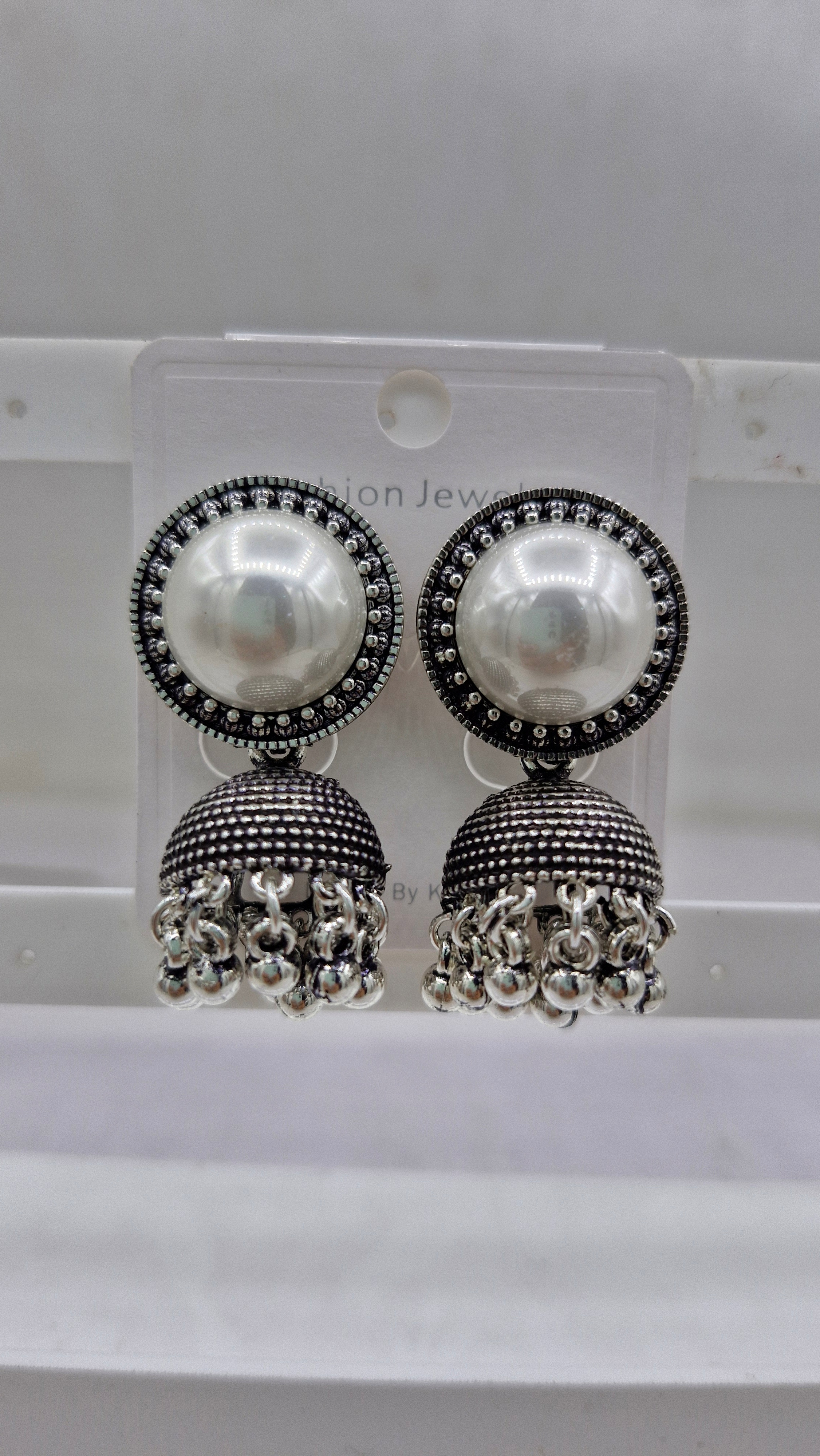 GERMAN SILVER ANTIQUE WT ROUND BEDKI BAJRI JHUMKI - 526263