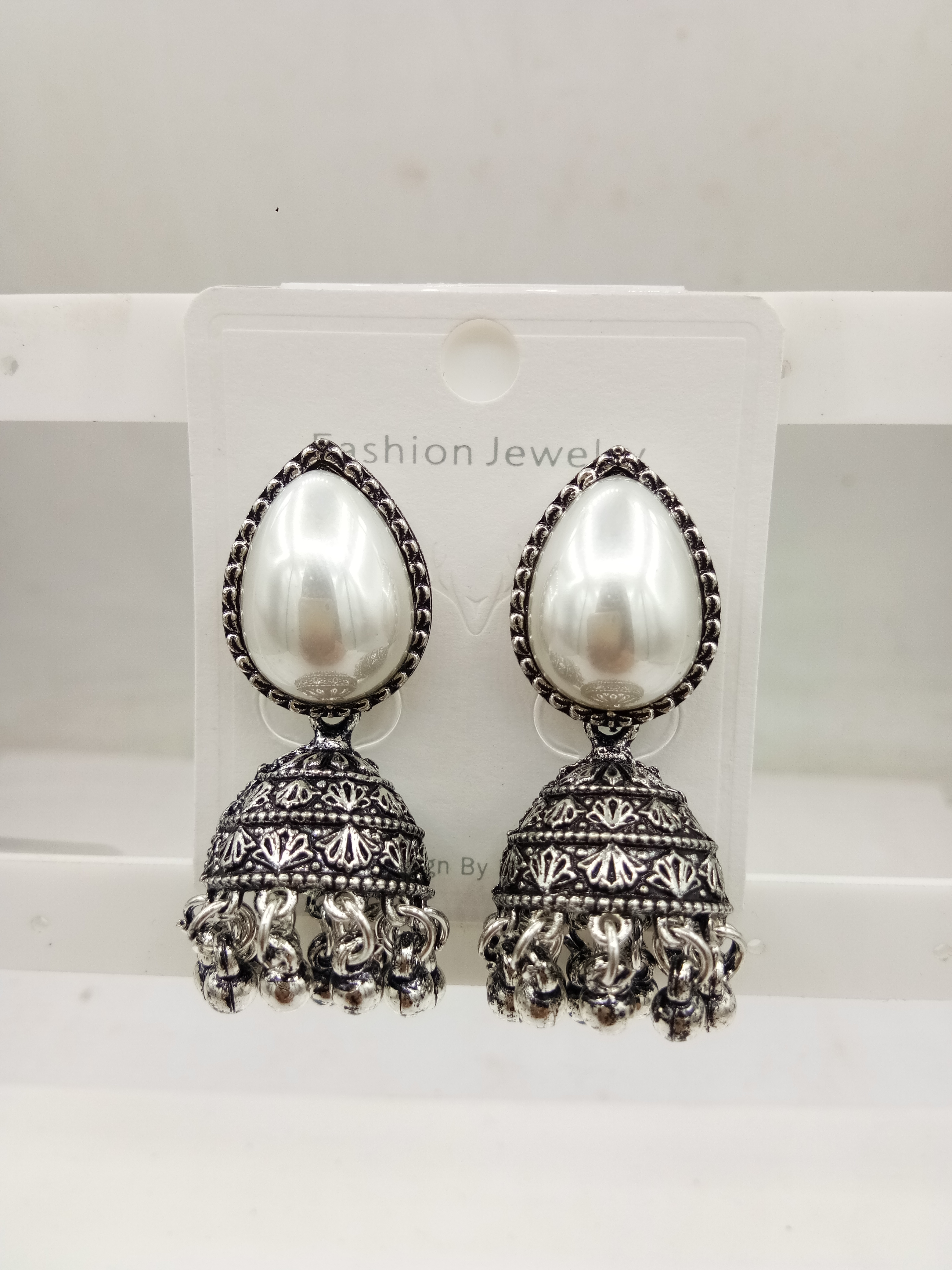 GERMAN SILVER ANTIQUE WT DROP BEDKI BAJRI JHUMKI - 526339