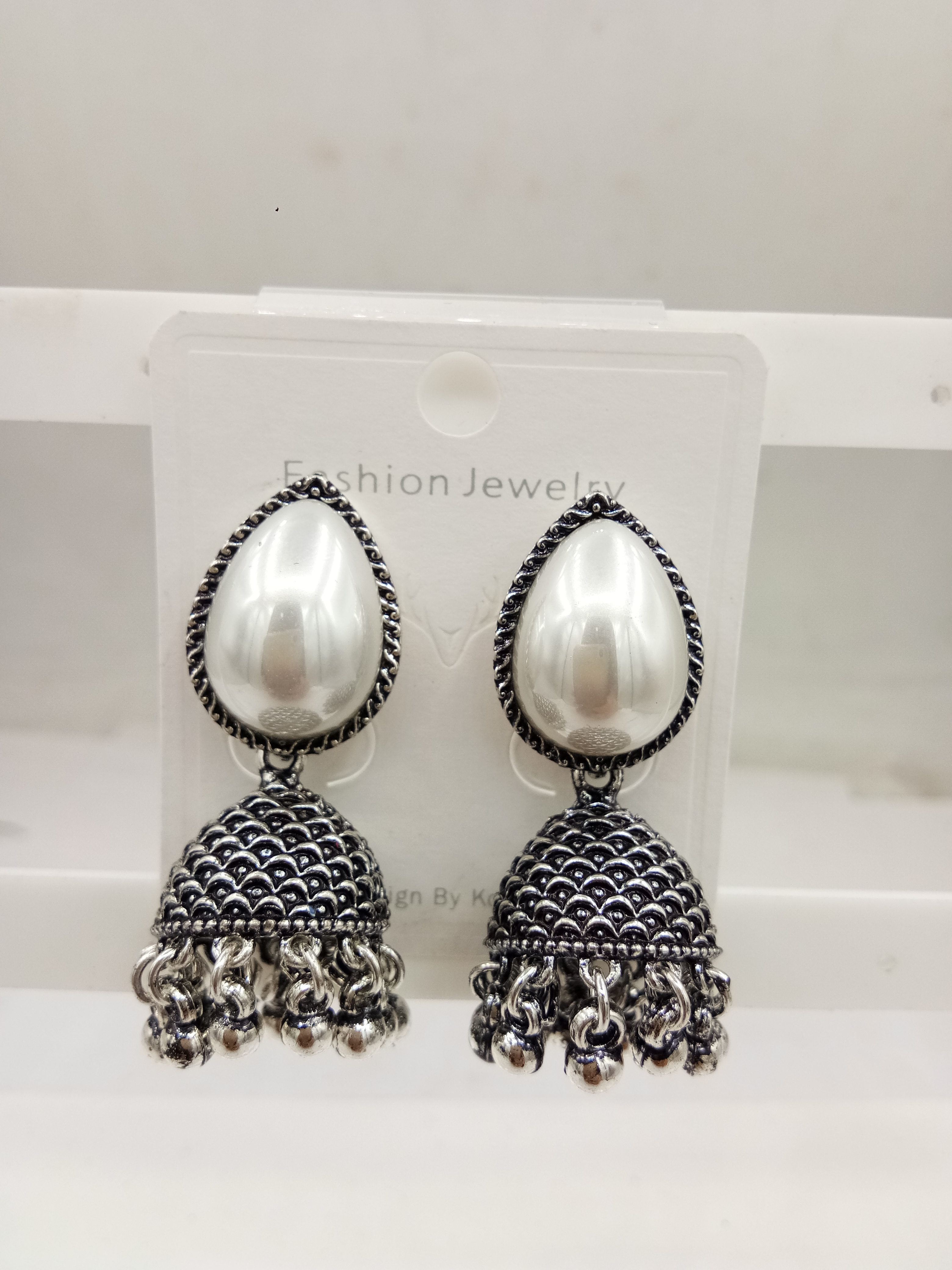 GERMAN SILVER ANTIQUE WT DROP BEDKI BAJRI JHUMKI - 526347