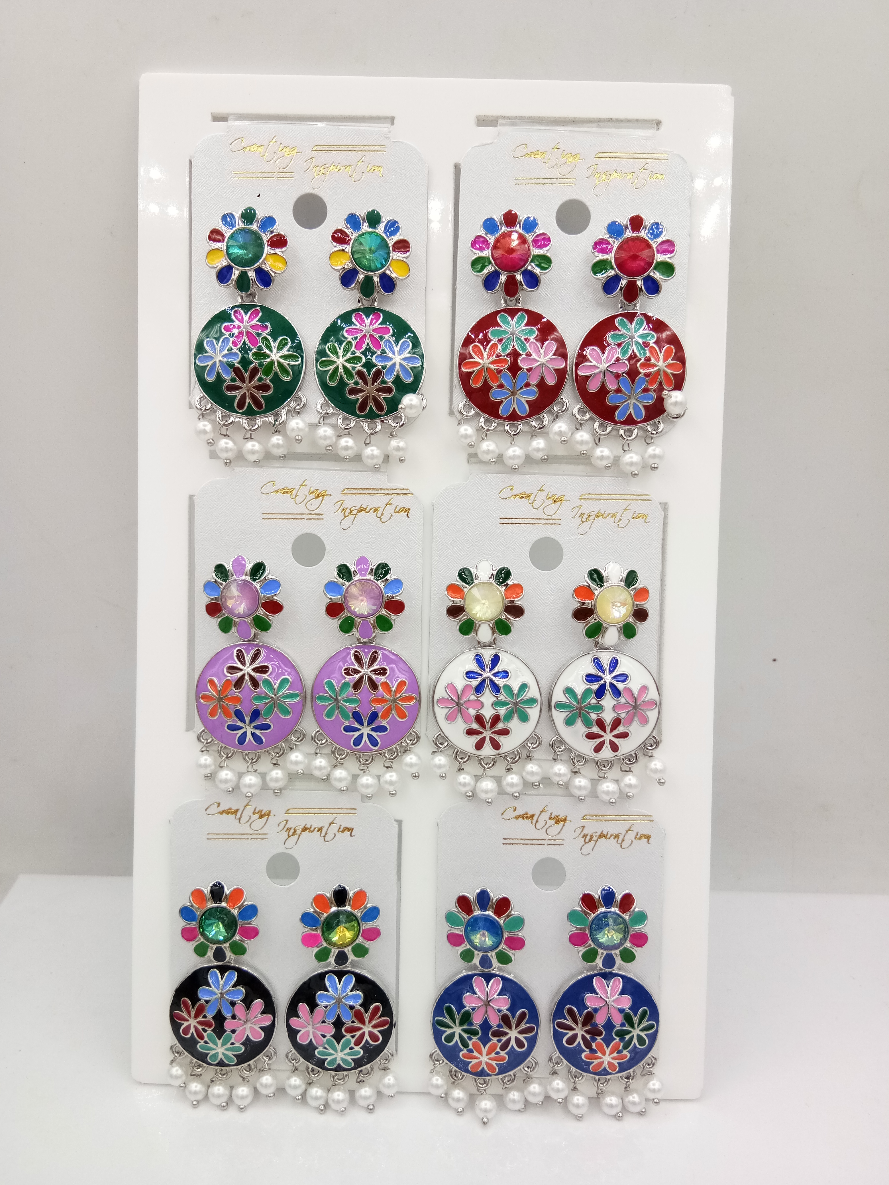 RODIUM MULTI MEENA ASSST 6 PAIR TRAY EARRINGS - 524149