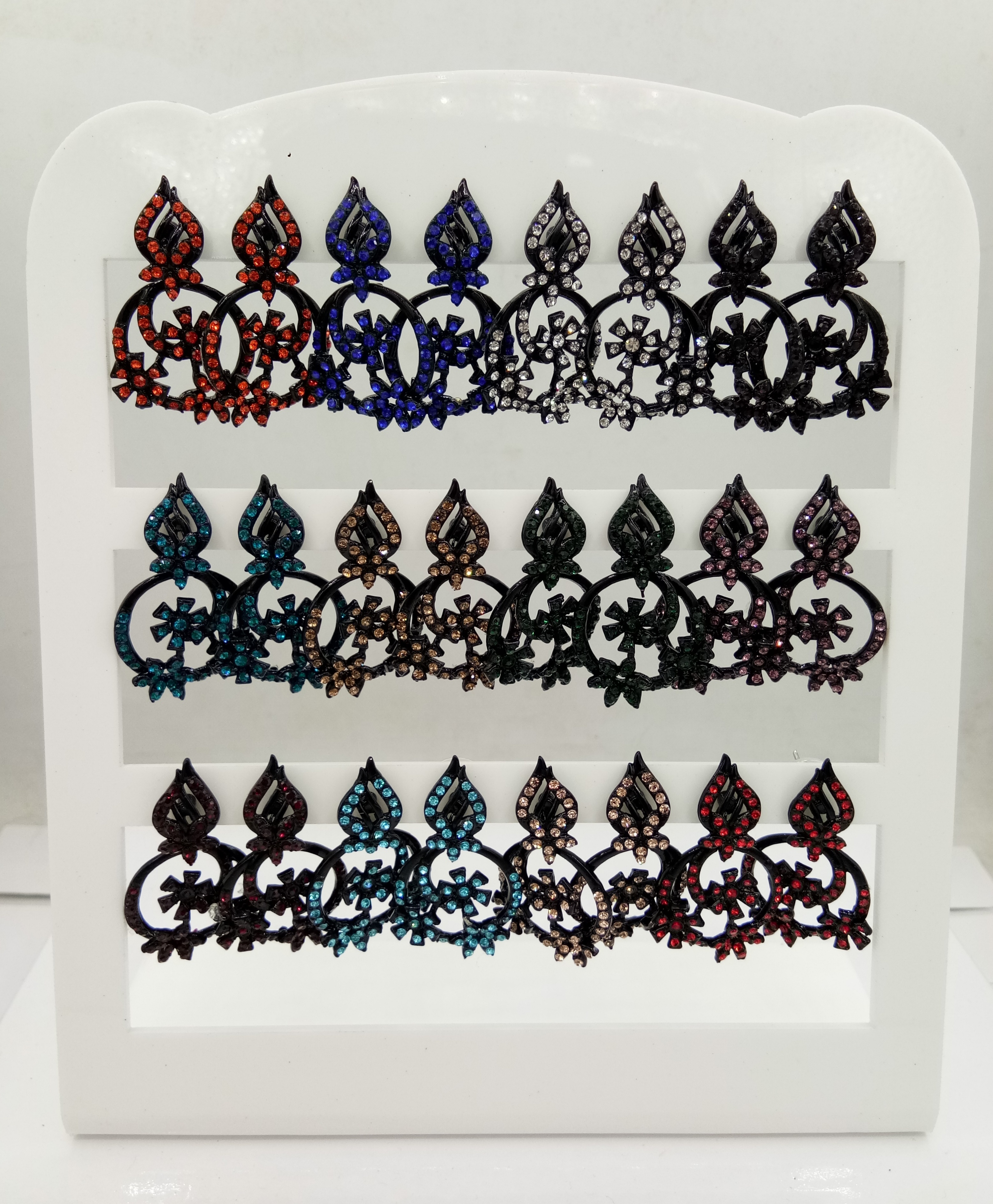 NEW BLACK SINGLE CLR STONE 12 PAIR TRAY EARRINGS - 522850