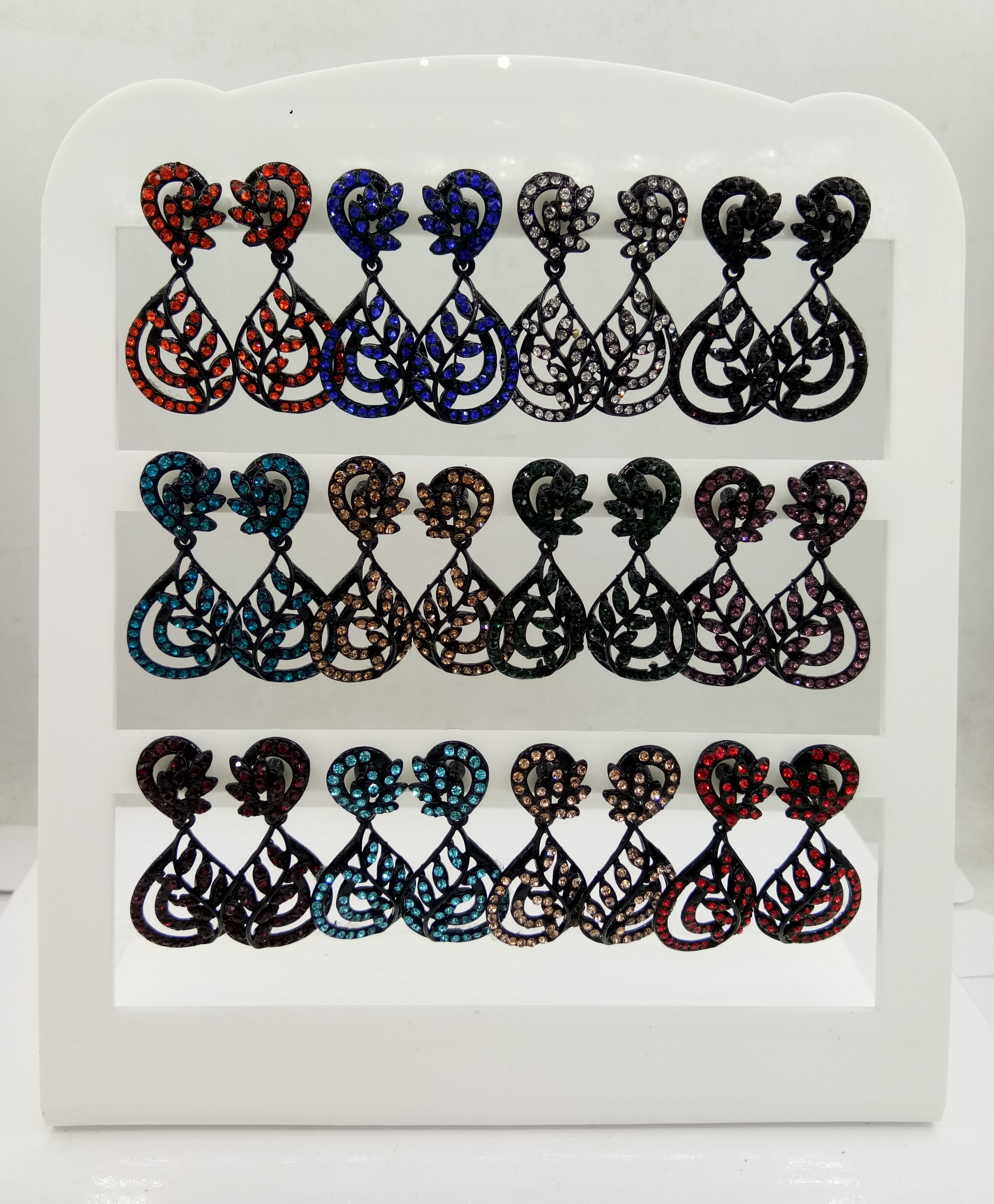 NEW BLACK SINGLE CLR STONE 12 PAIR TRAY EARRINGS - 522847