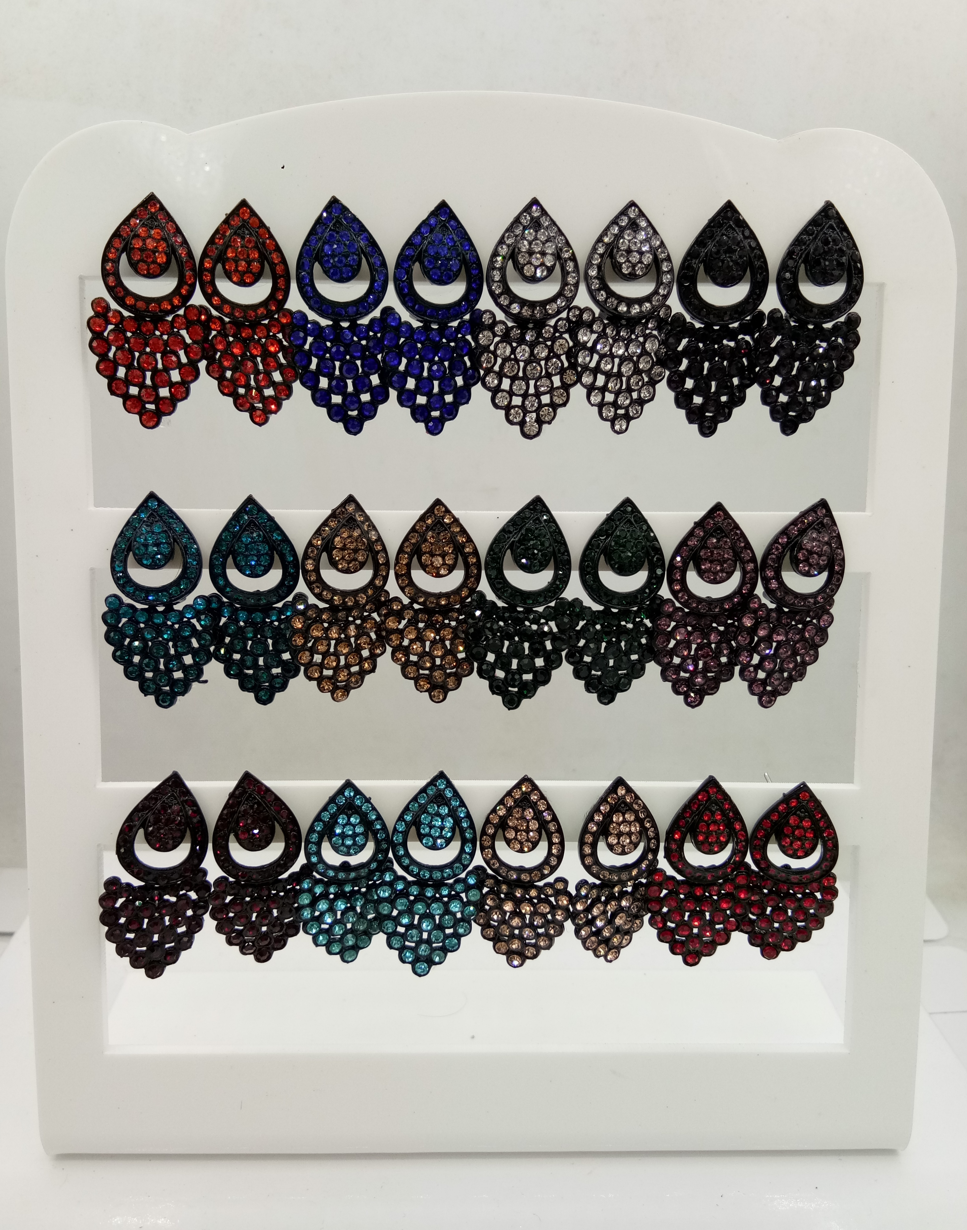 NEW BLACK SINGLE CLR STONE 12 PAIR TRAY EARRINGS - 522853