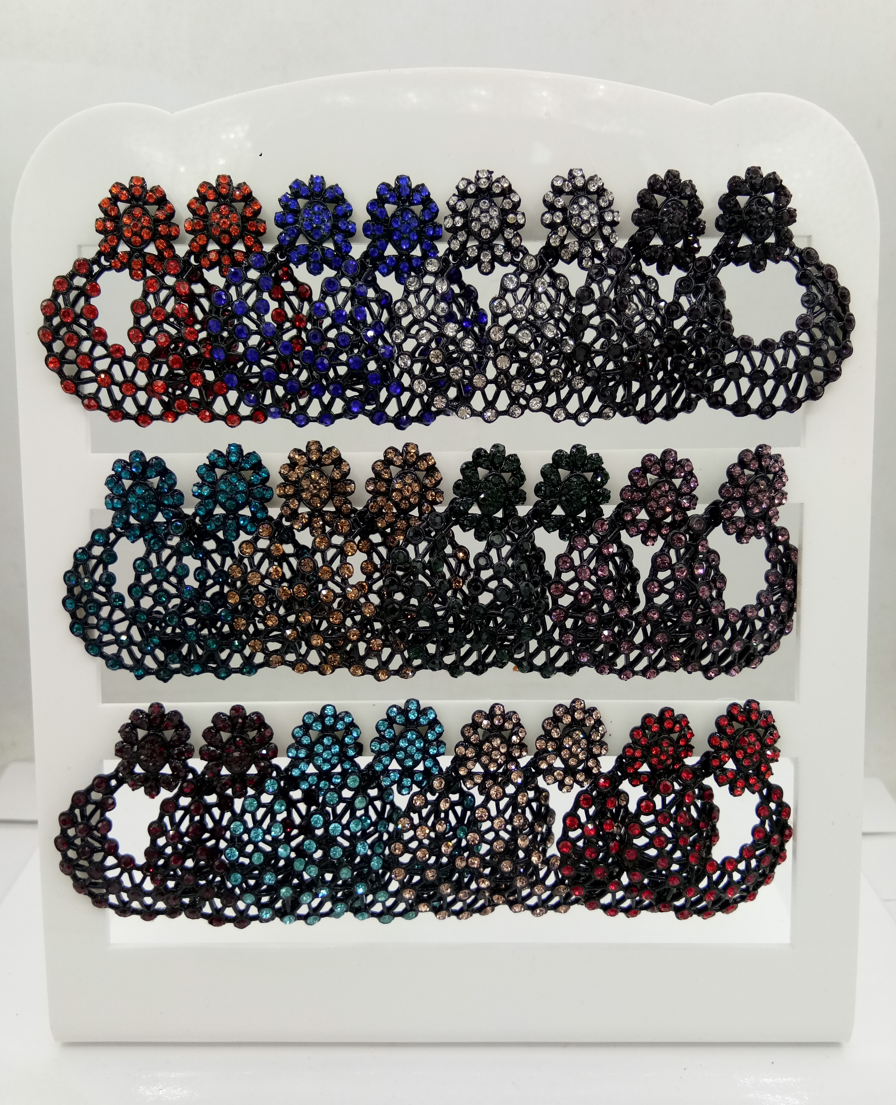 NEW BLACK SINGLE CLR STONE 12 PAIR TRAY EARRINGS - 522851