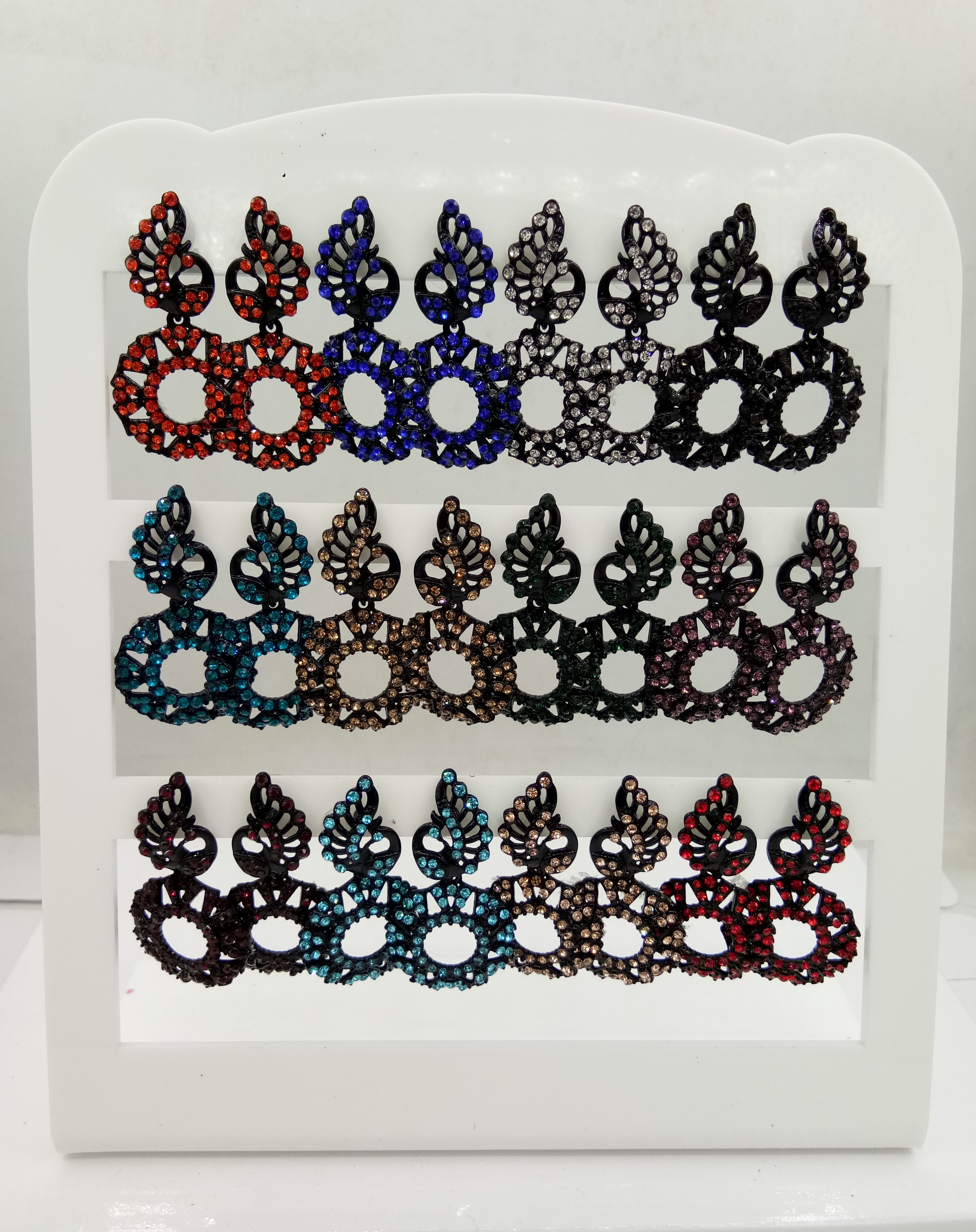 NEW BLACK SINGLE CLR STONE 12 PAIR TRAY EARRINGS - 522849