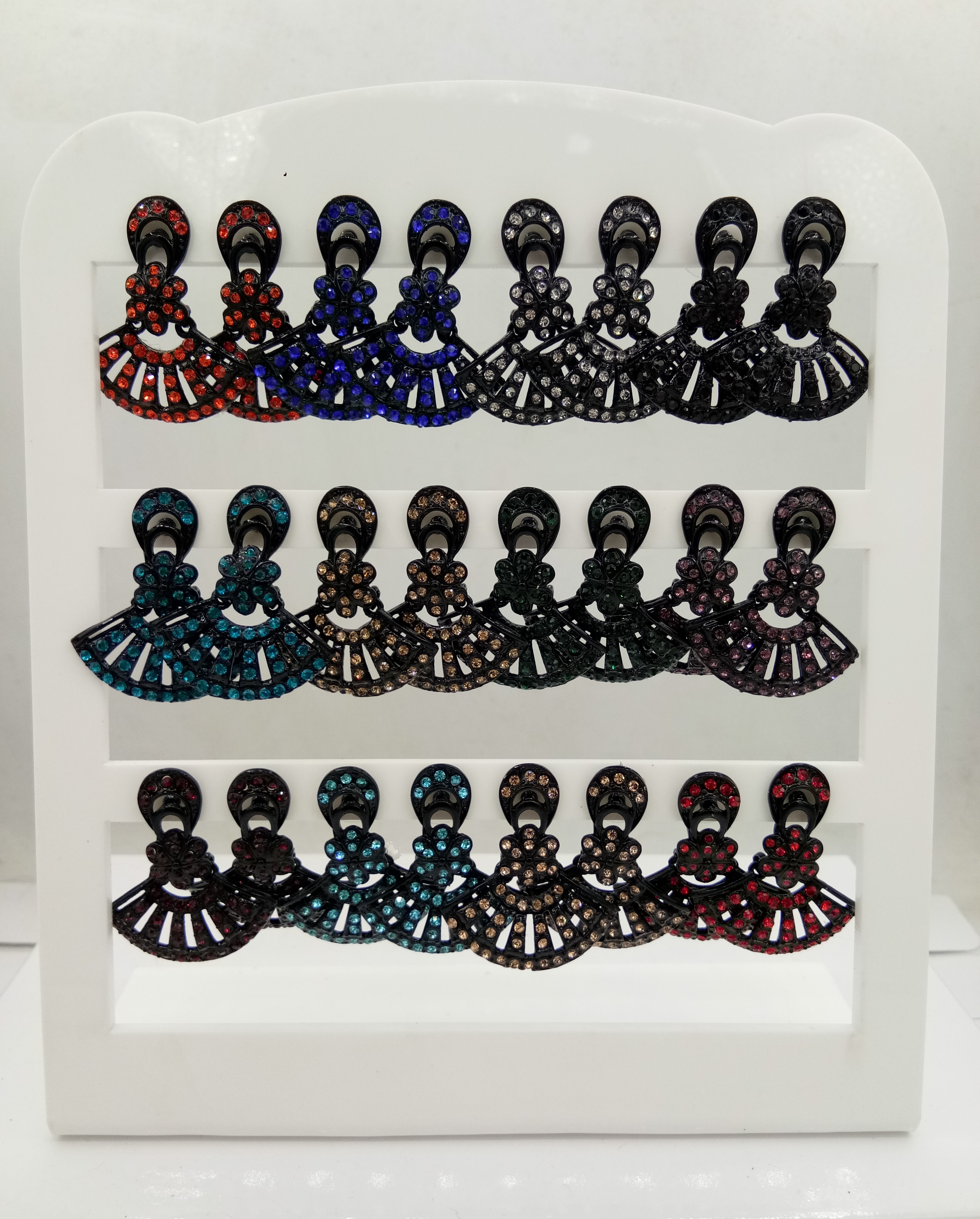 NEW BLACK SINGLE CLR STONE 12 PAIR TRAY EARRINGS - 522848