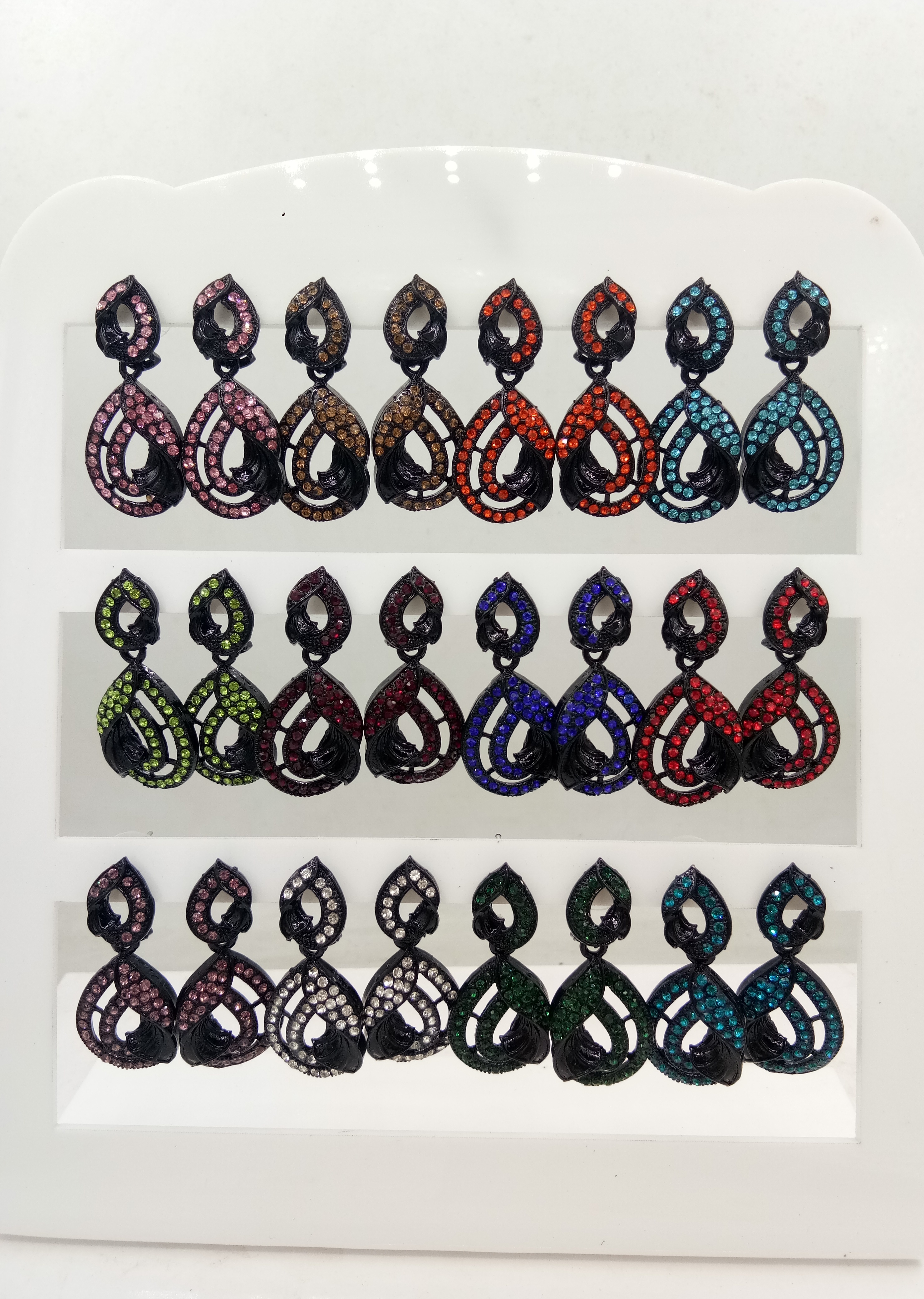 BLACK SINGLE COLOR STONE 12 PAIR TRAY EARRINGS - 52558