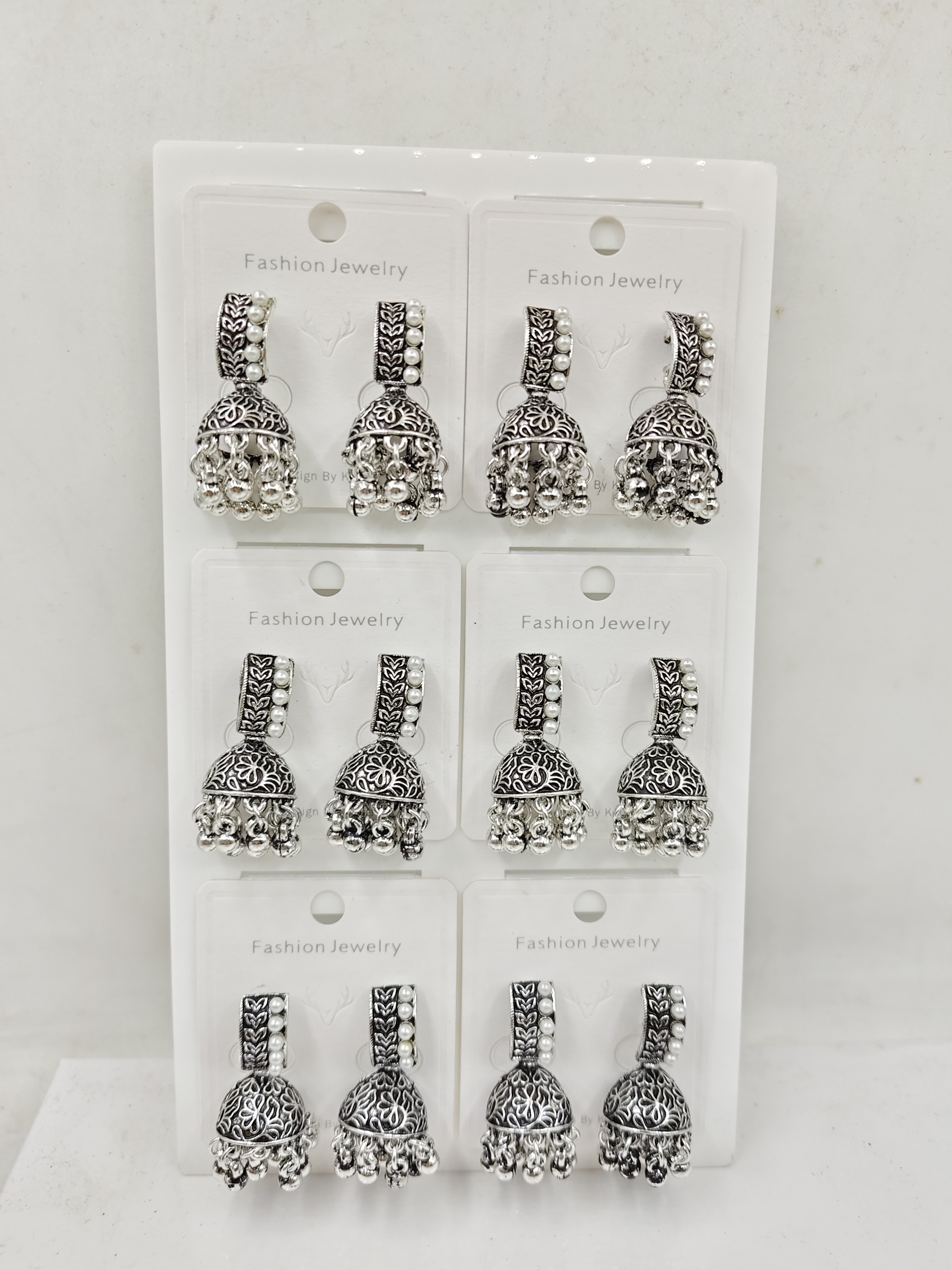 GERMAN SILVER WT MOTI 6 PAIR TRAY JHUMKI - 525608