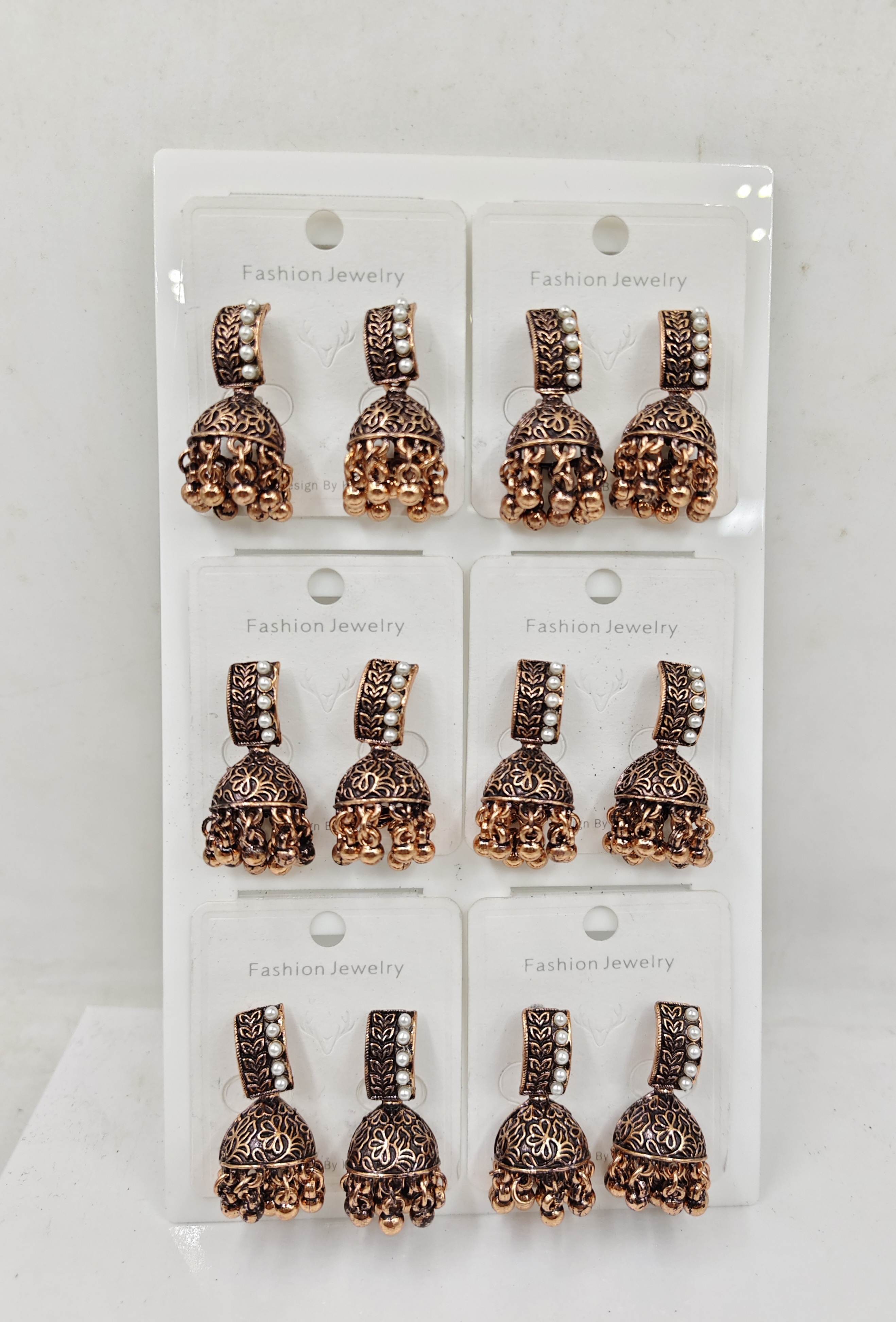 COPPER ANTIQUE WT MOTI 6 PAIR TRAY JHUMKI - 525608