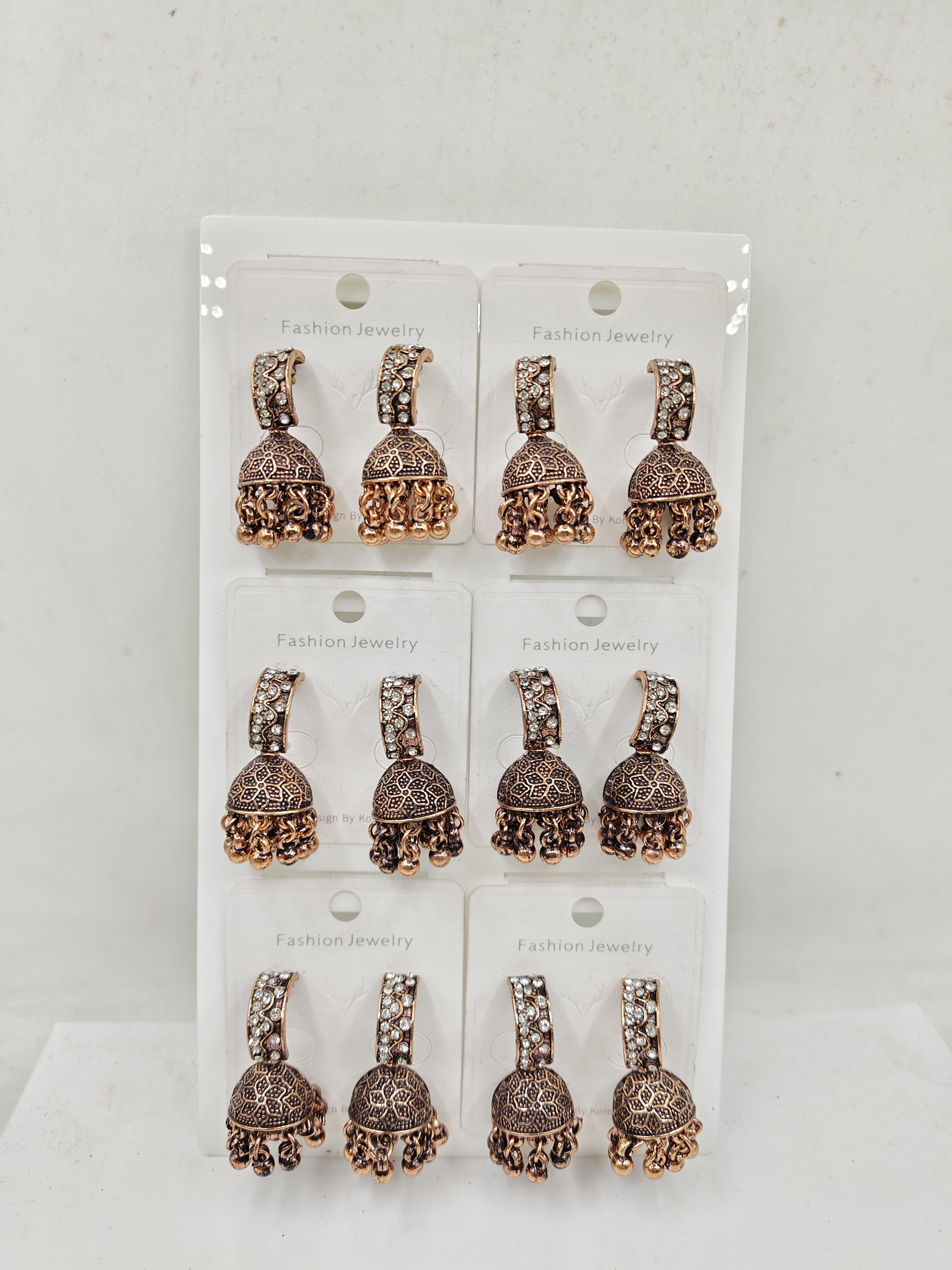 COPPER ANTIQUE WT STONE 6 PAIR TRAY JHUMKI - 525605