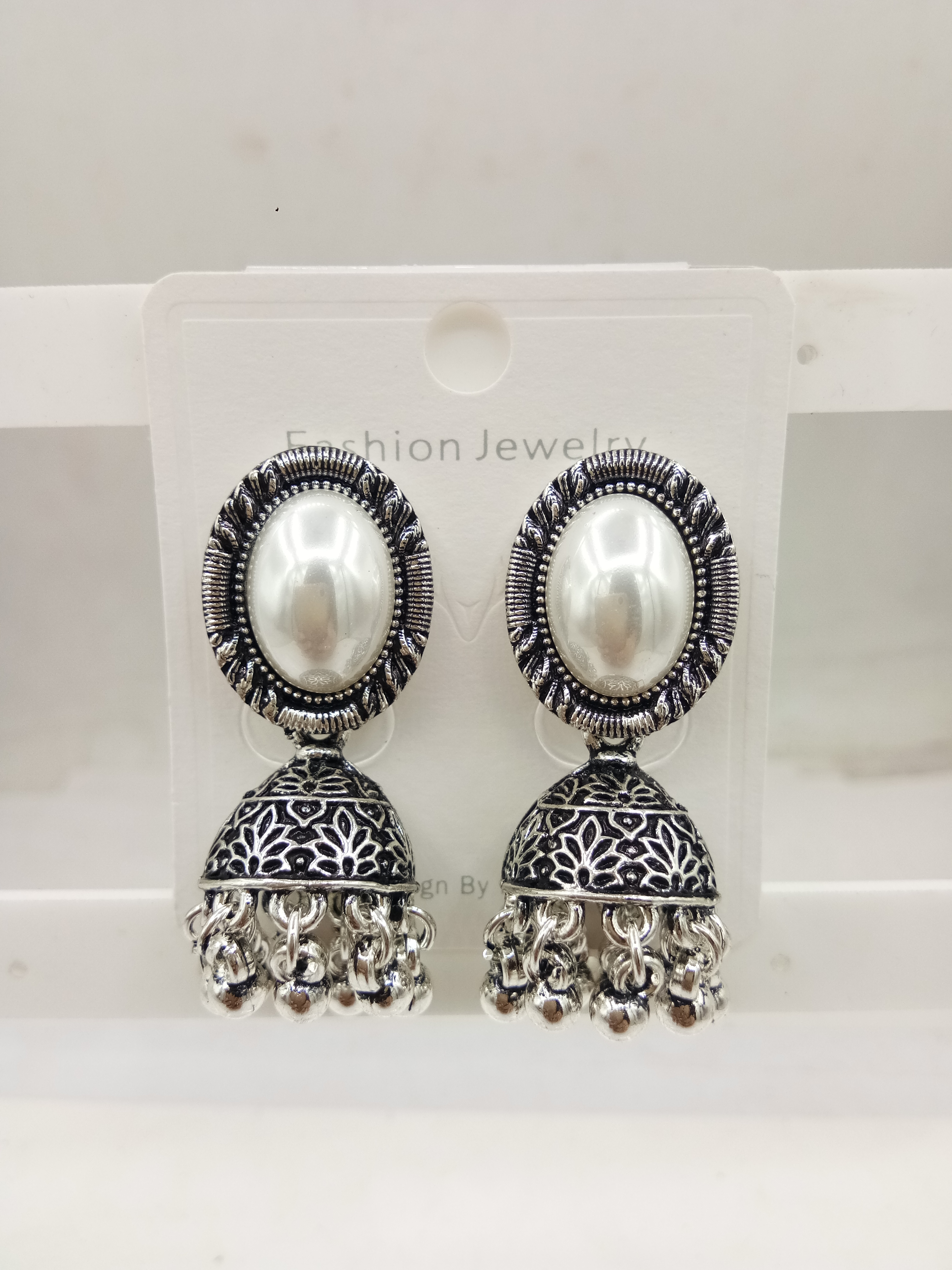 GERMAN SILVER ANTIQUE WT OVAL BEDKI BAJRI JHUMKI - 526325