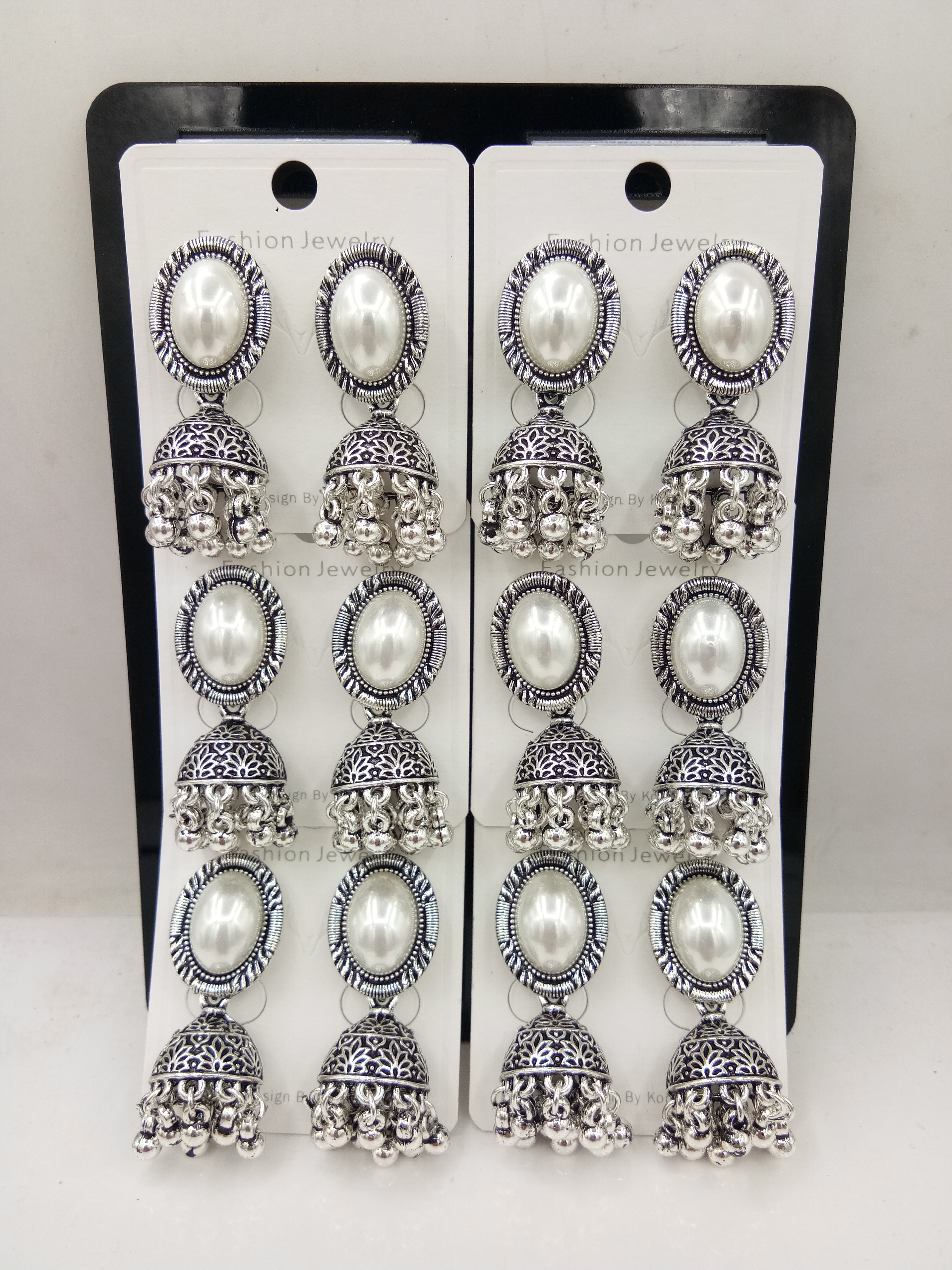 GERMAN SILVER WT BEDKI 6 PAIR TRAY JHUMKI - 526325