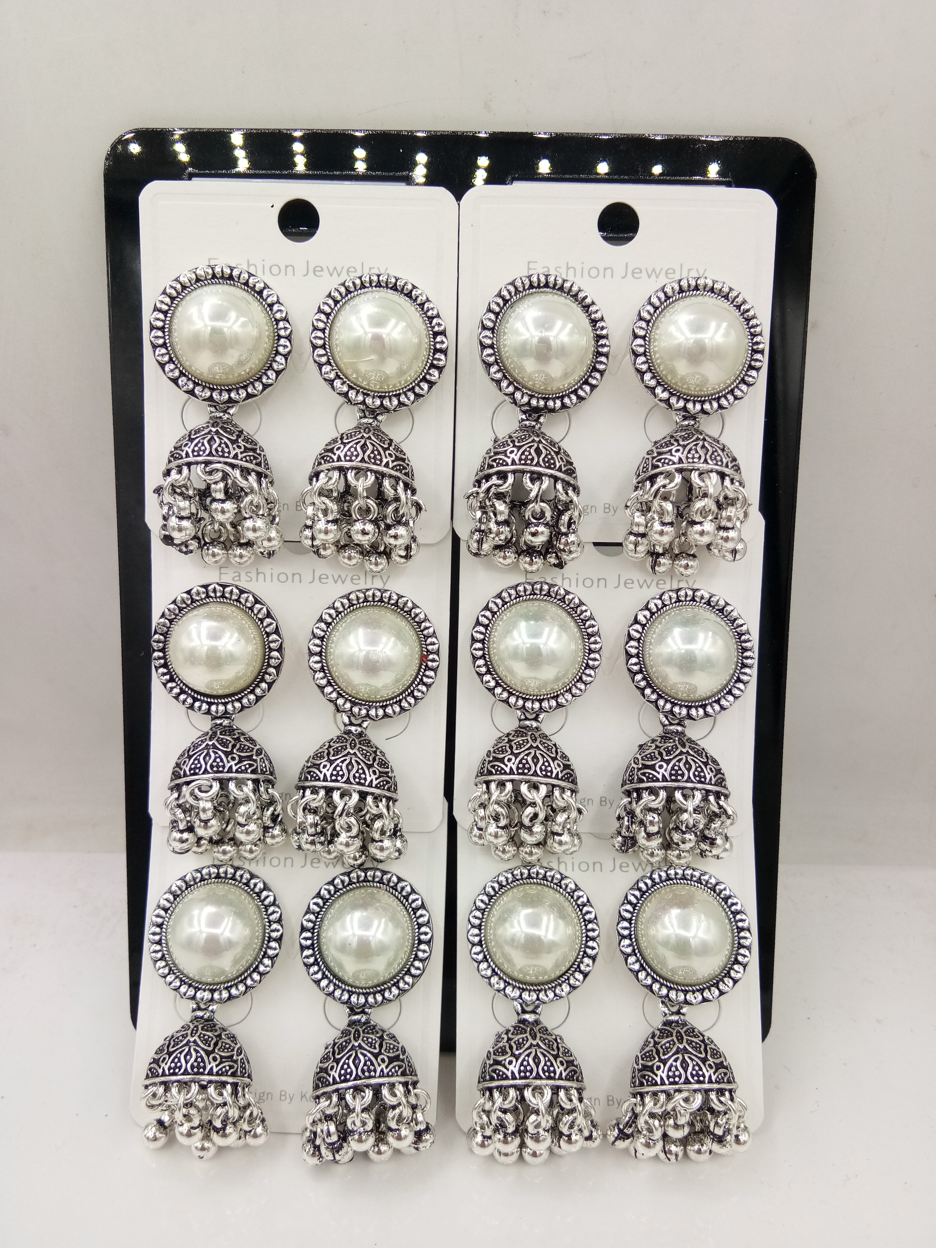 GERMAN SILVER WHITE BEDKI 6 PAIR TRAY JHUMKI - 526329