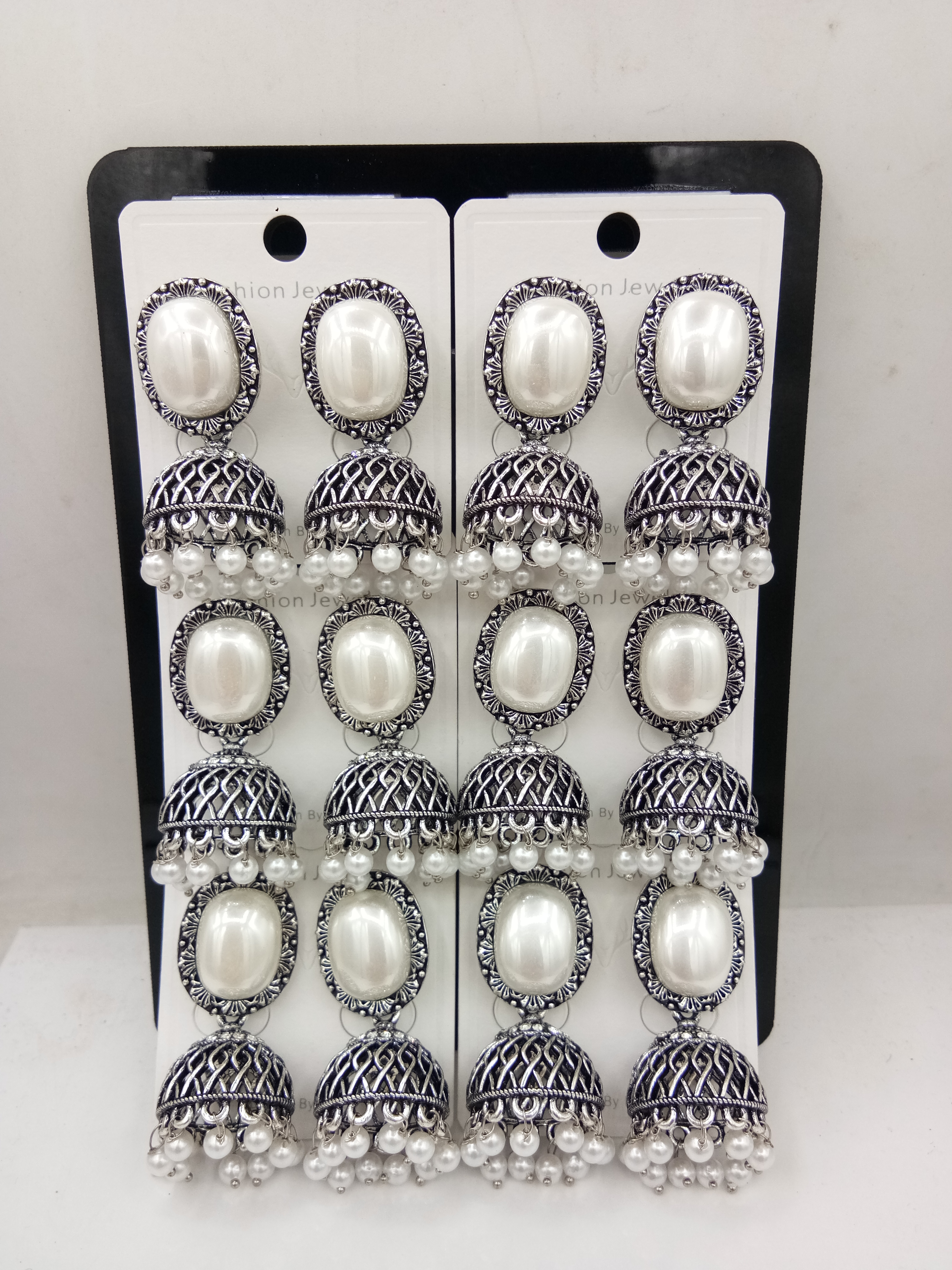 GERMAN SILVER WT BEDKI 6 PAIR TRAY JHUMKI - 526309