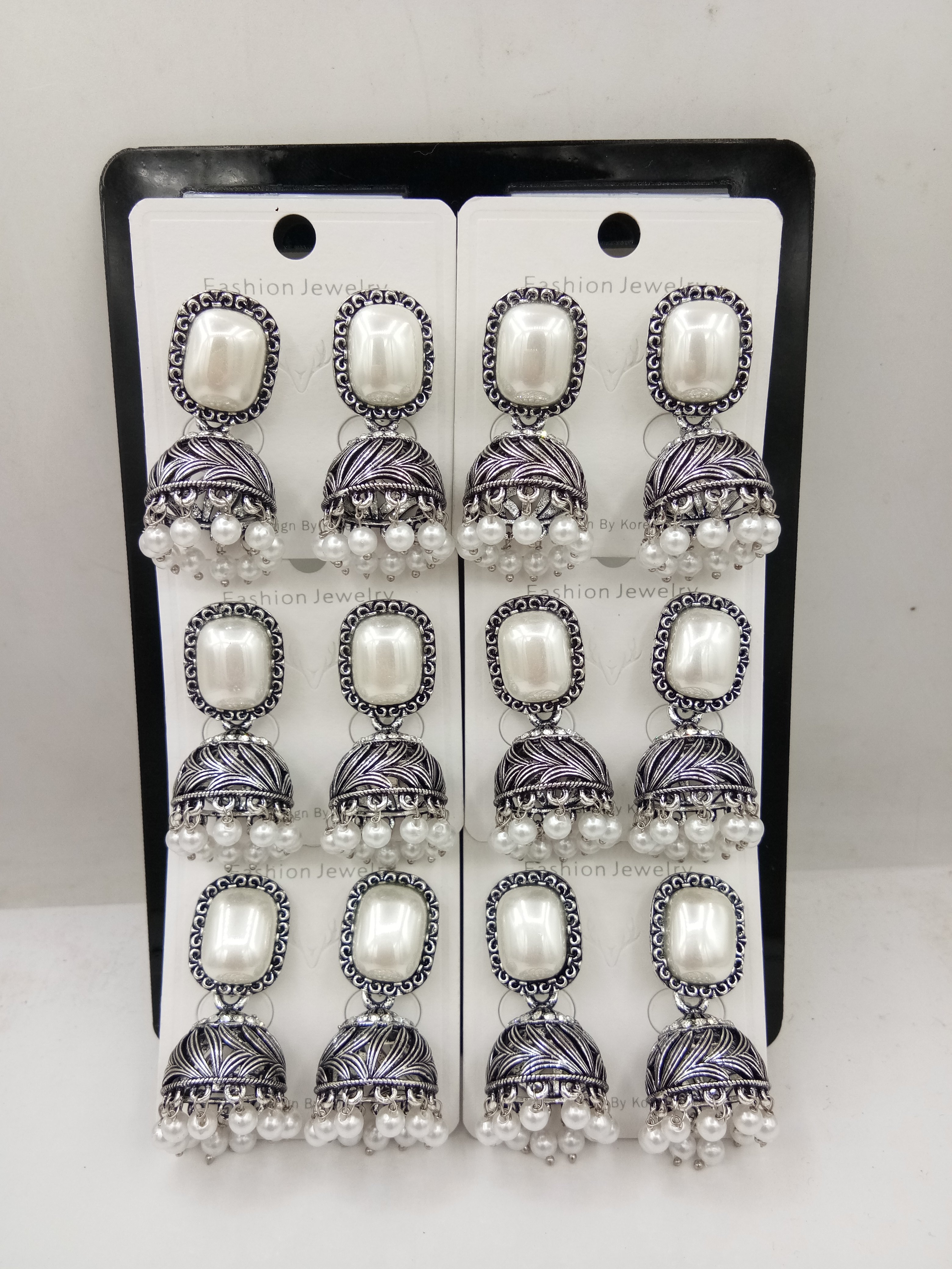 GERMAN SILVER WT BEDKI 6 PAIR TRAY JHUMKI - 526308