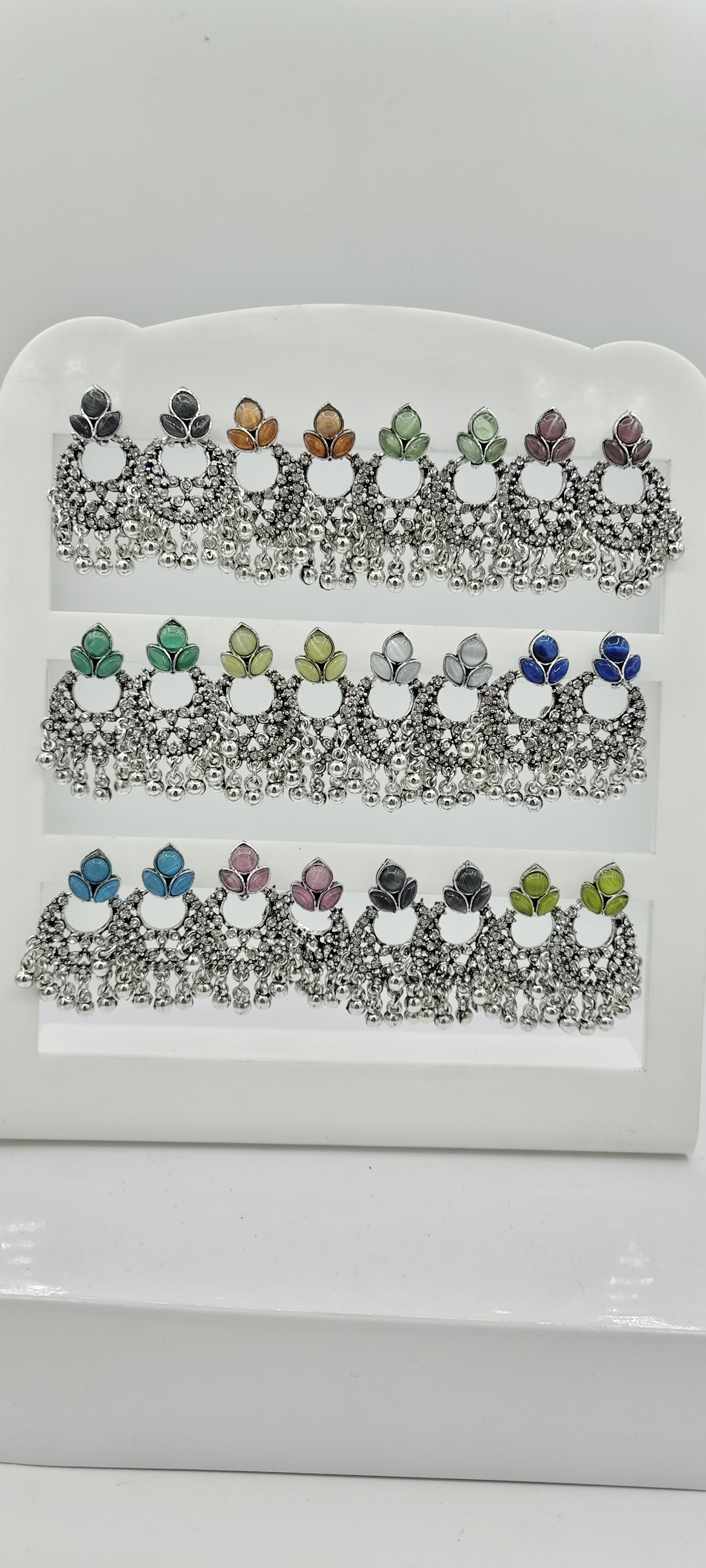 GERMAN SILVER ANTIQUE CLR MONALISA 12 PAIR TRAY BAJRI EARRINGS - 525958