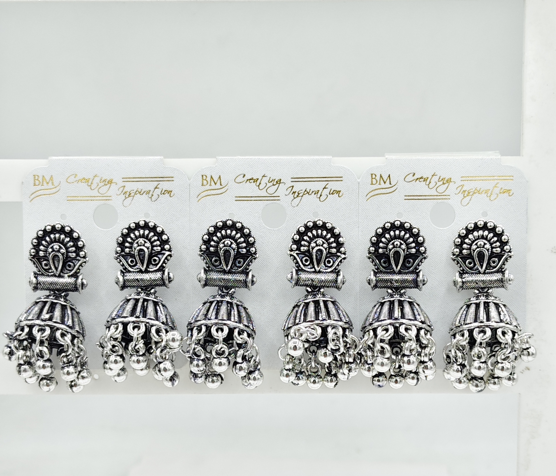 GERMAN SILVER ANTIQUE 3 PAIR BAJRI FITTING JHUMKI - 527238