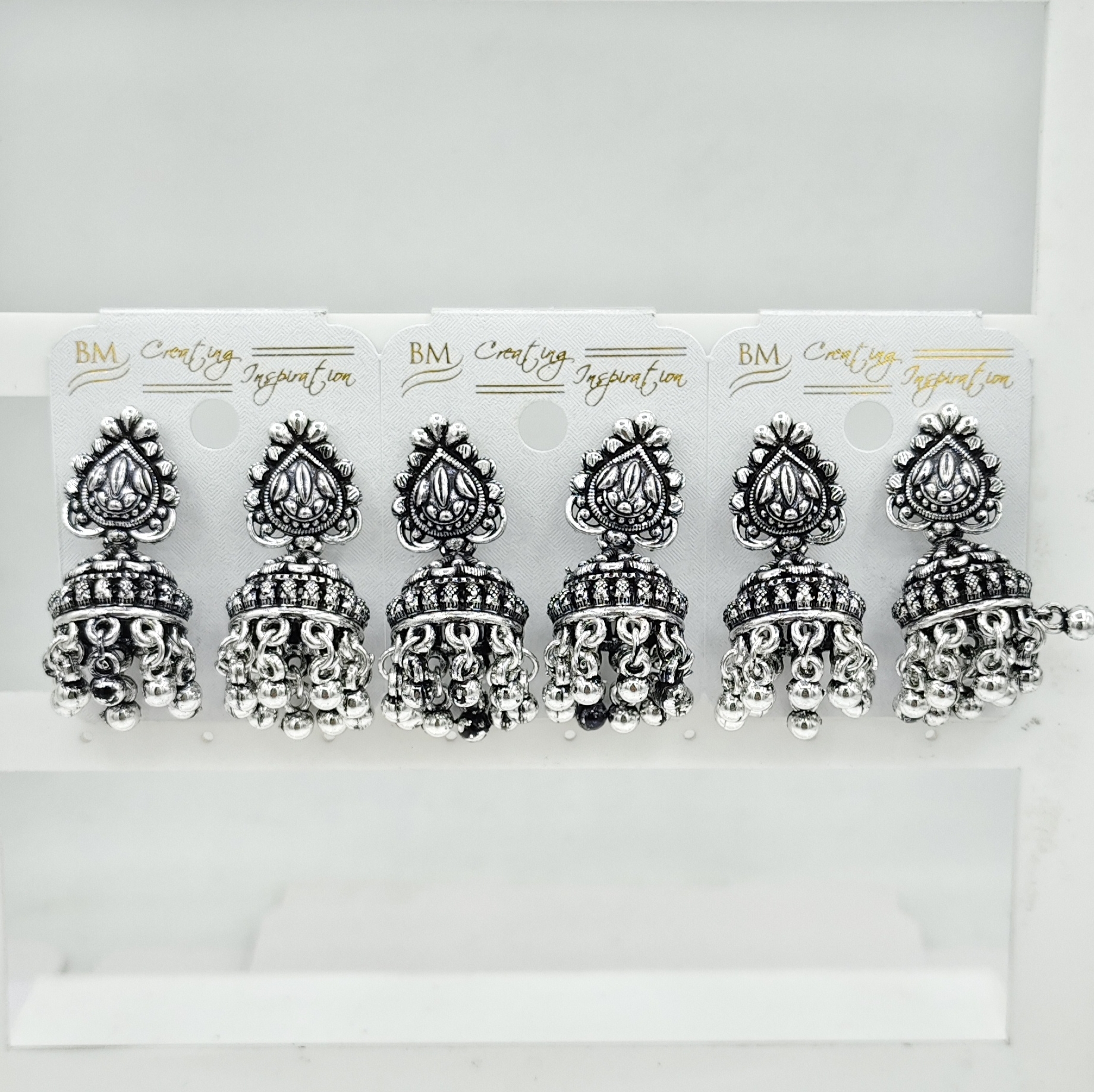 GERMAN SILVER ANTIQUE 3 PAIR BAJRI FITTING JHUMKI - 527246