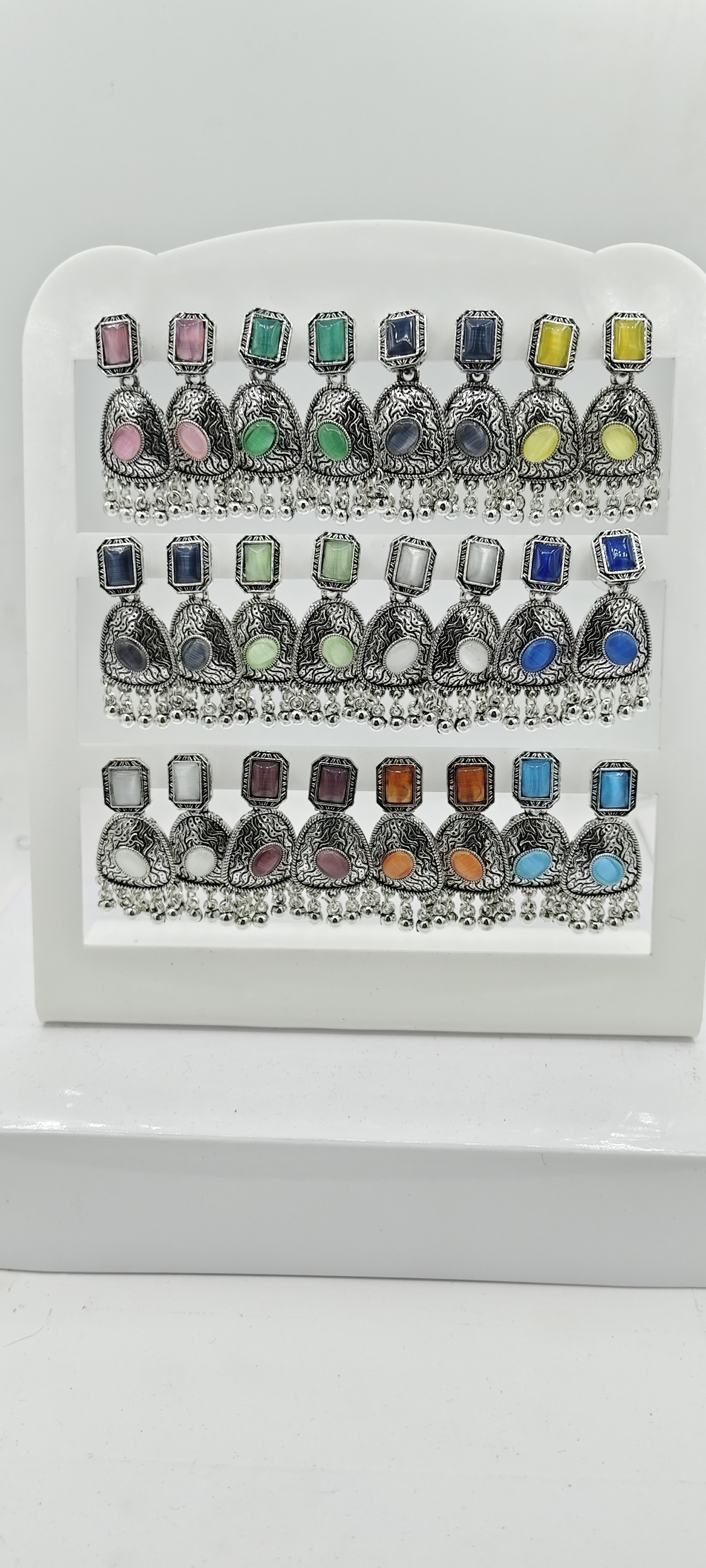 GERMAN SILVER ANTIQUE CLR MONALISA 12 PAIR TRAY BAJRI FITTING EARRINGS - 527181