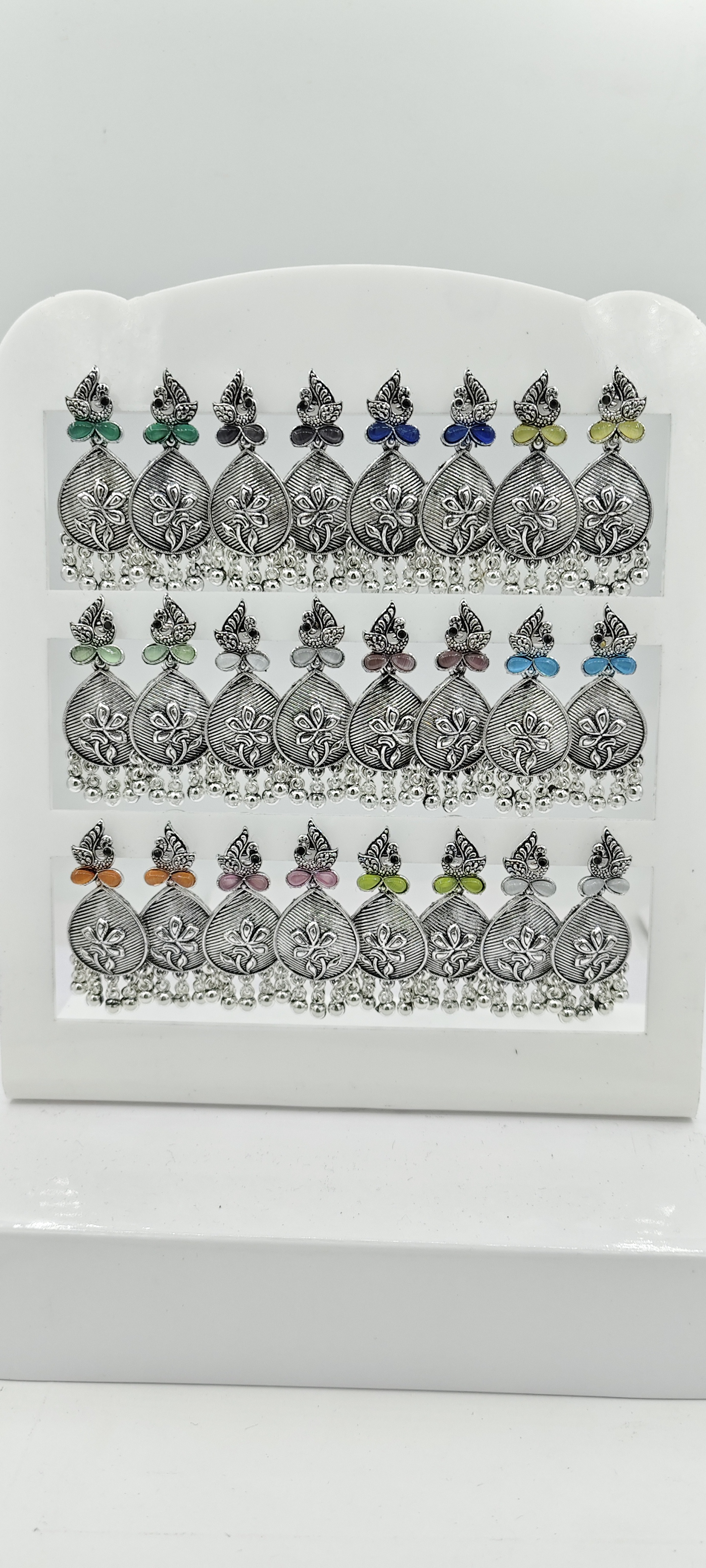 GERMAN SILVER ANTIQUE CLR MONALISA 12 PAIR TRAY BAJRI FITTING EARRINGS - 527175