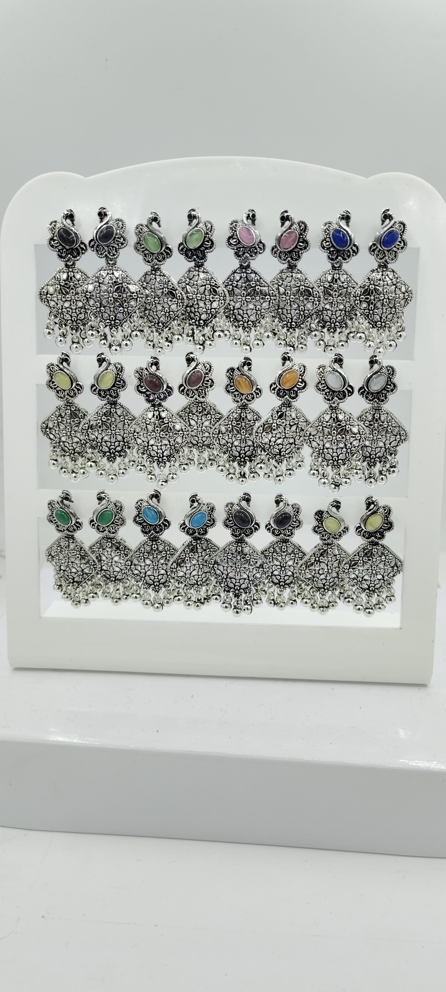 GERMAN SILVER ANTIQUE CLR MONALISA 12 PAIR TRAY BAJRI FITTING EARRINGS - 527179