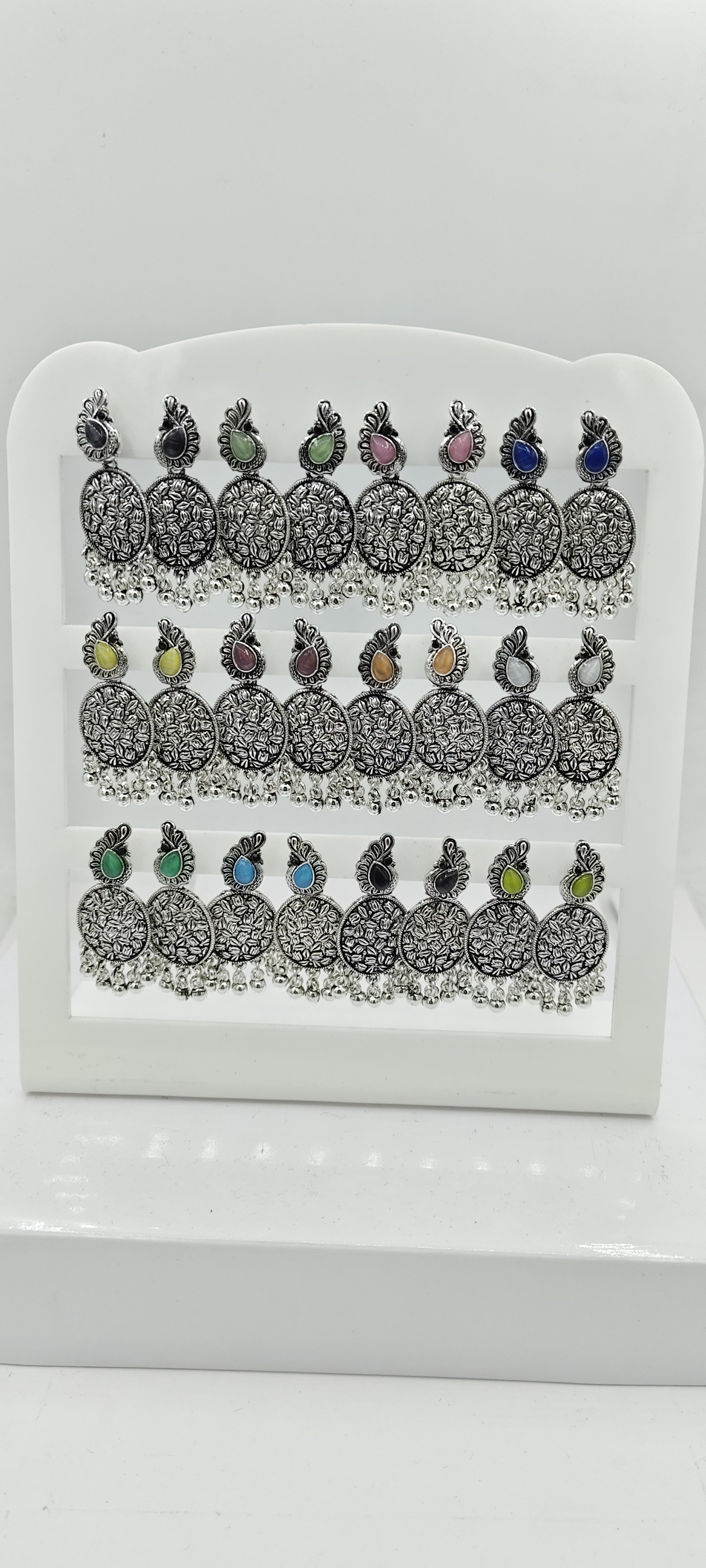 GERMAN SILVER ANTIQUE CLR MONALISA 12 PAIR TRAY BAJRI FITTING EARRINGS - 527177