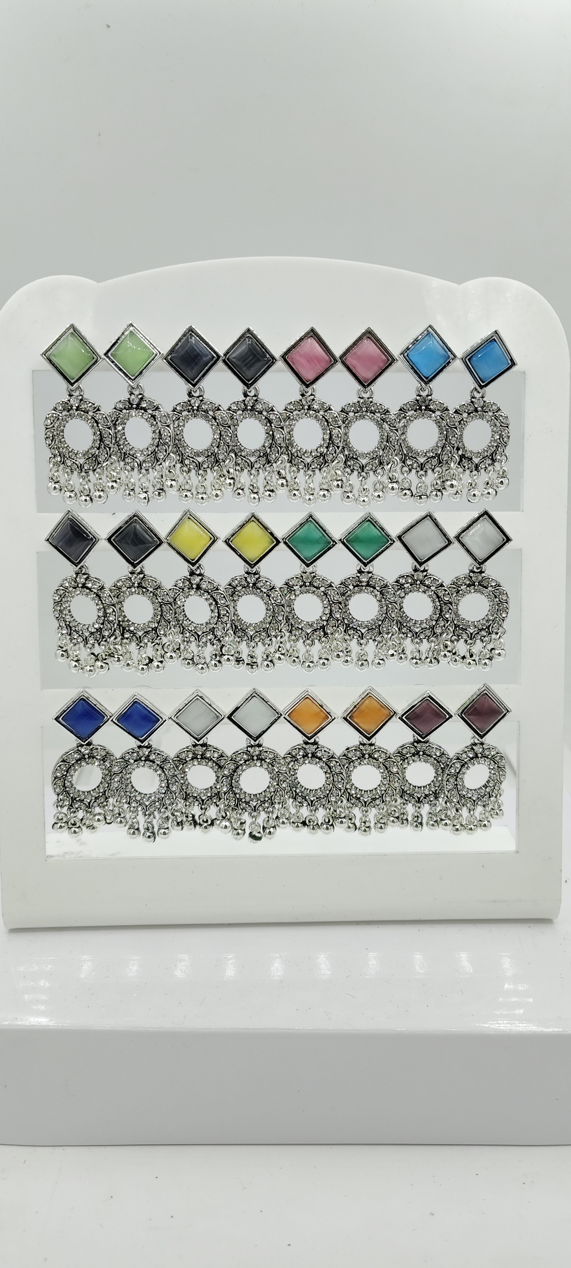 GERMAN SILVER ANTIQUE WT STN CLR MONALISA 12 PAIR TRAY EARRINGS - 527260